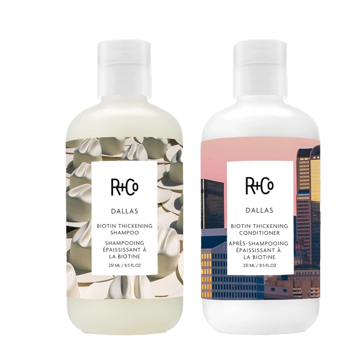 R+Co Dallas Thickening Shampoo bottle on vanity adds lift from the first wash.