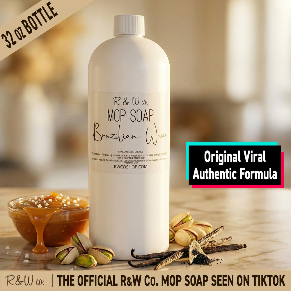 R&W Co. Brazilian Waves label closeup highlights non-toxic, pet-safe cleaning formula.