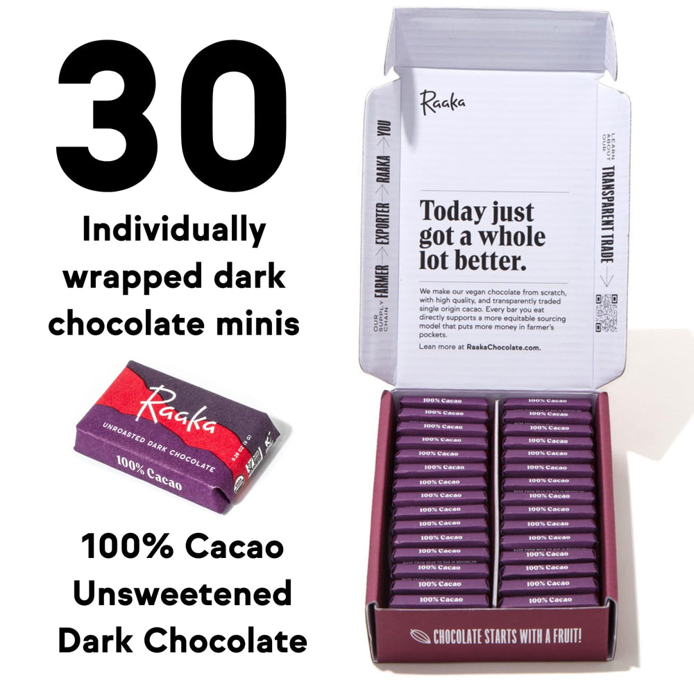 Raaka 100% mini bars individually wrapped for convenient, portion-controlled chocolate on the go.