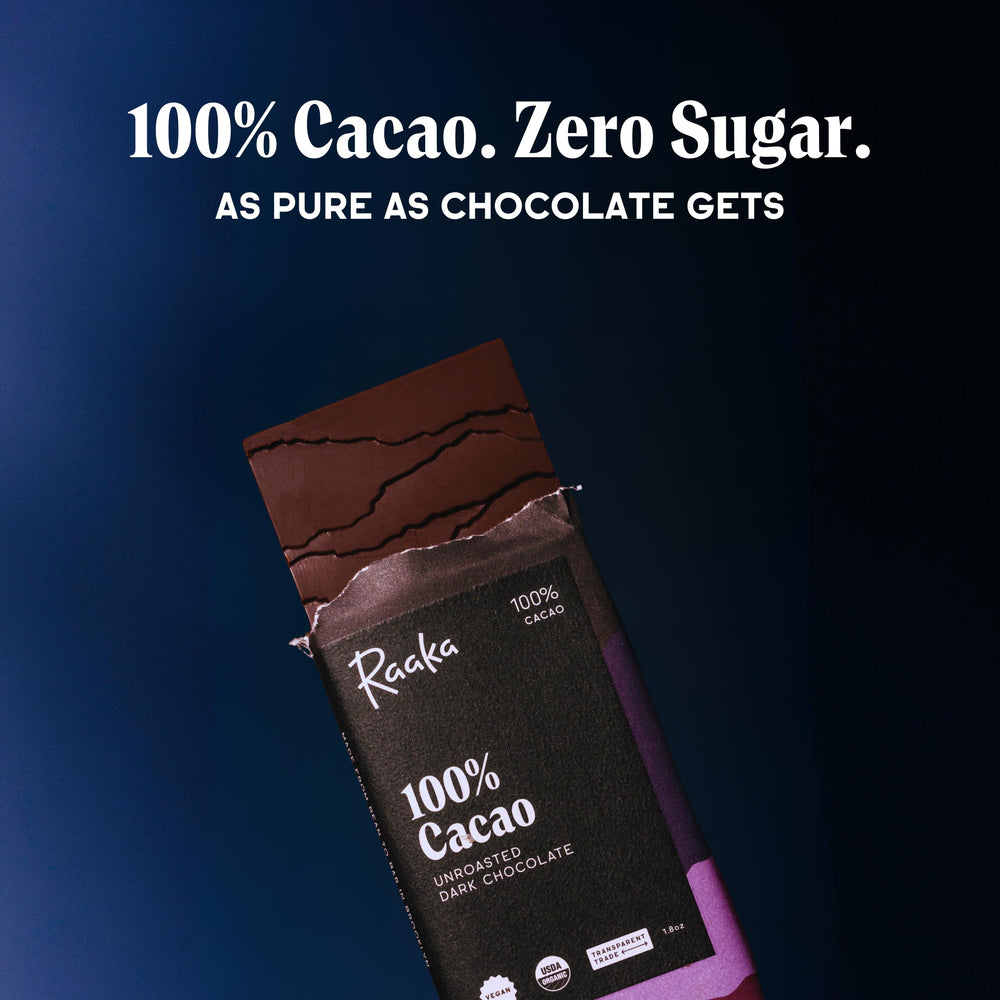 Raaka bar close-up shows texture and cocoa shine for gourmet chocolate fans.