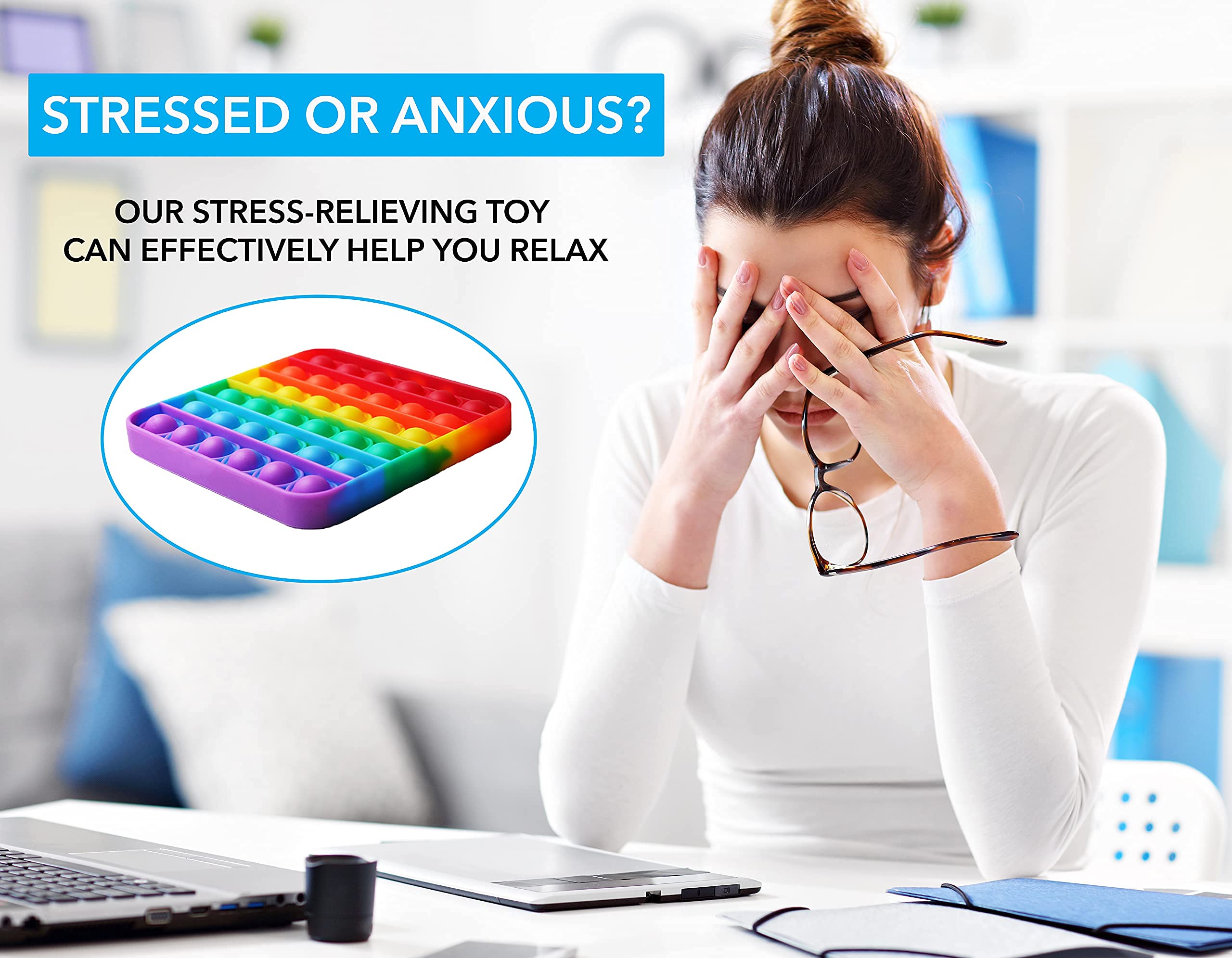 RadBizz Push Pop Rainbow Square durable, portable stress-relief companion.