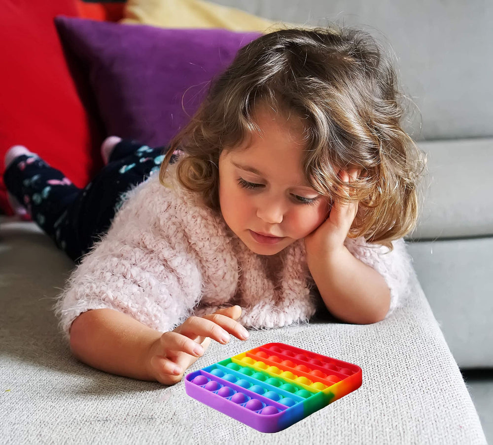 RadBizz Push Pop Rainbow Square travel-friendly fidget toy.