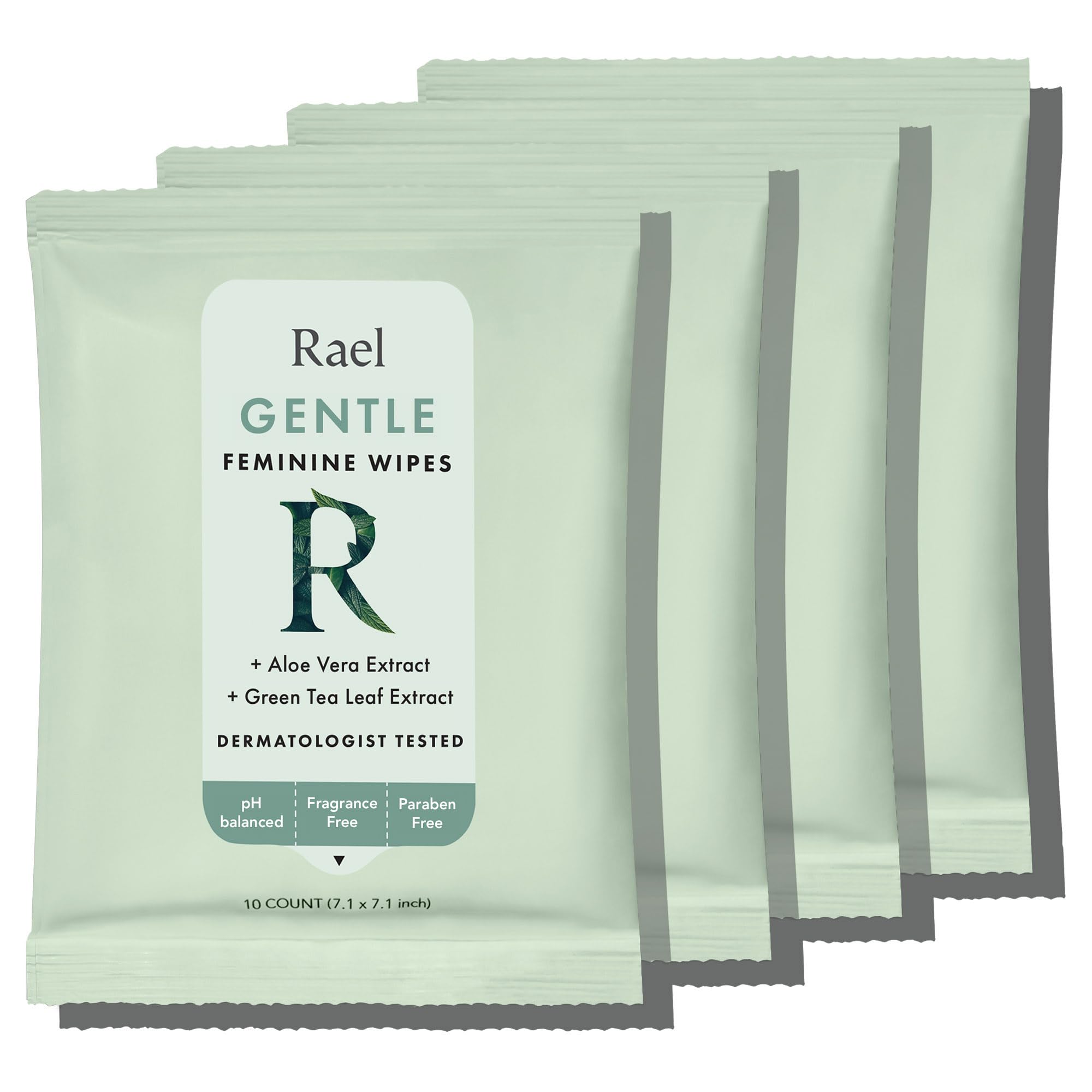 Rael feminine wipes packaging front for daily freshness and all-skin-type suitability.