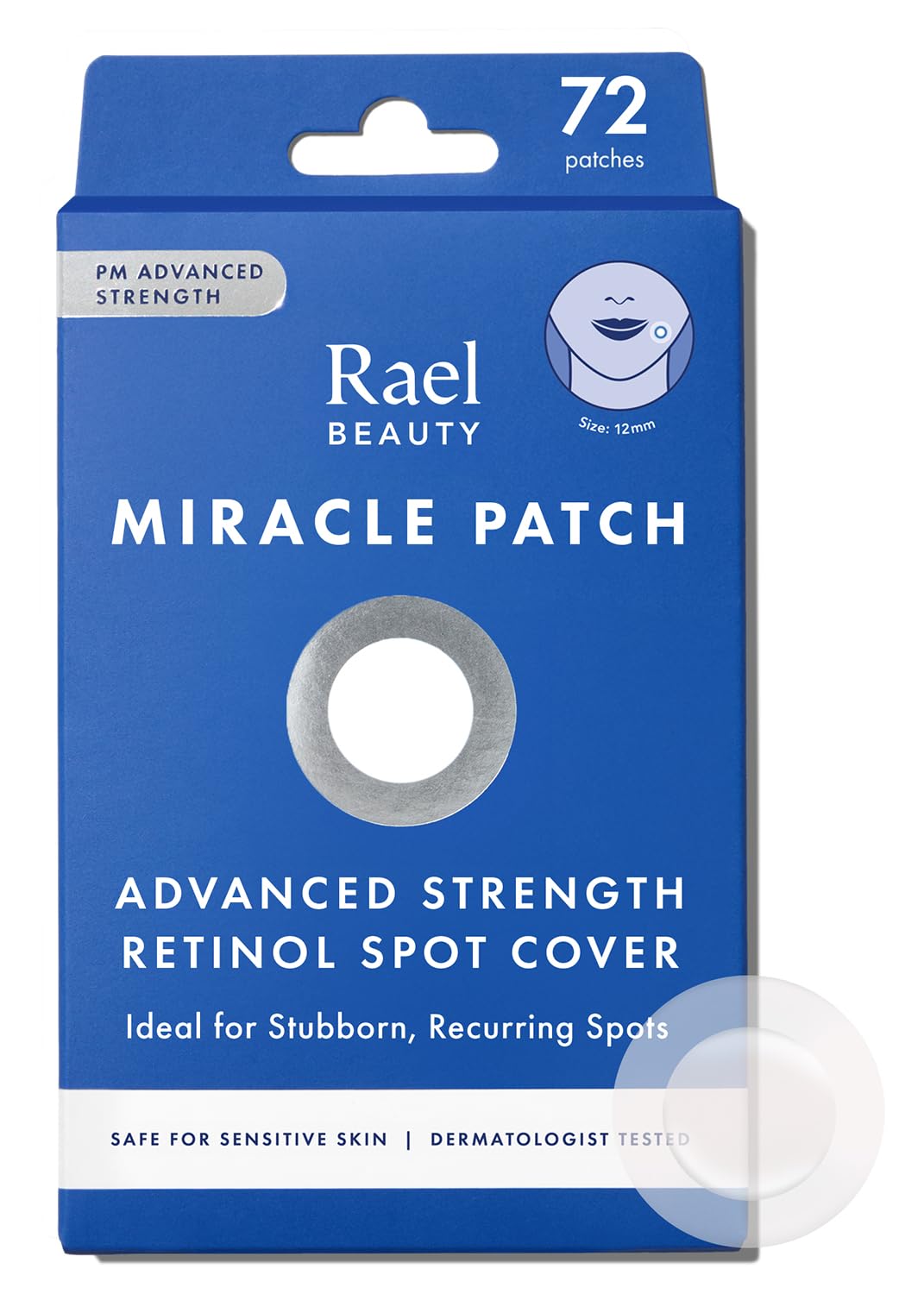 Rael pimple patches packaging front shows overnight spot care with 72-count box.