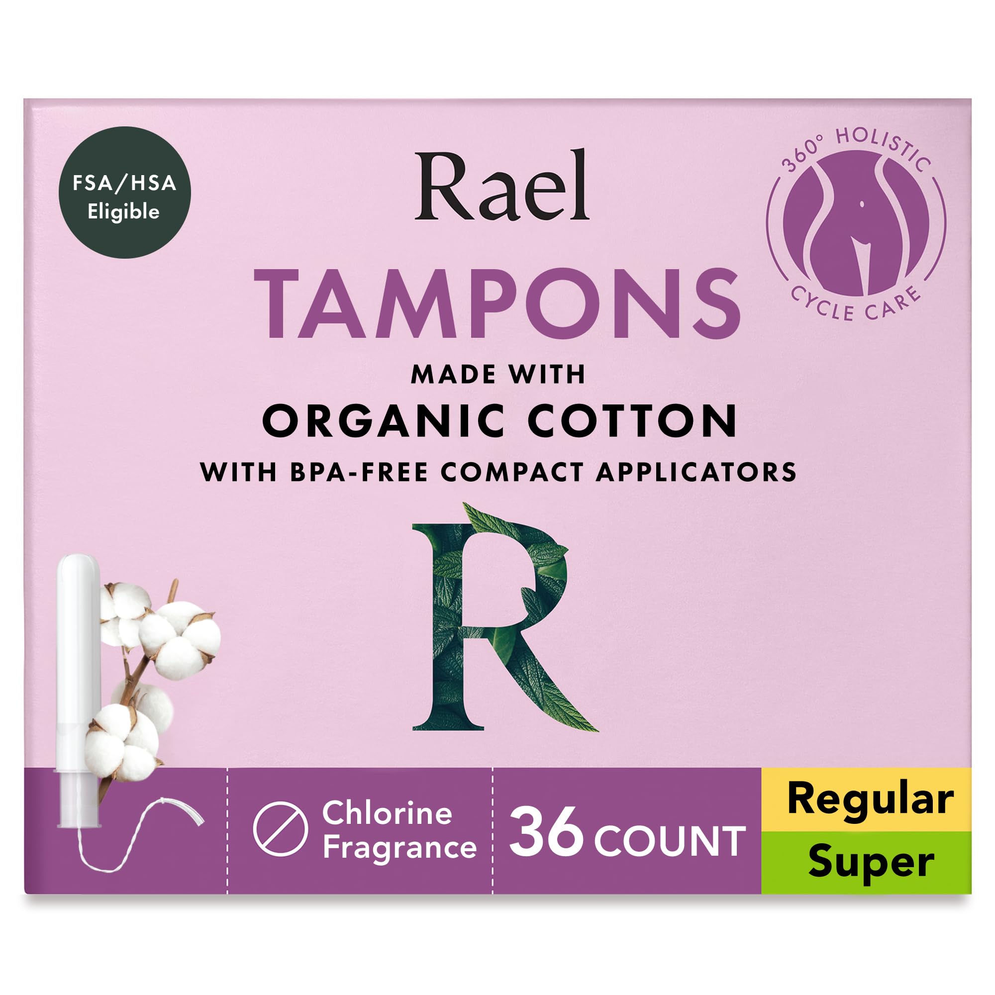 Rael compact applicator tampon with organic cotton core for easy insertion and comfort.