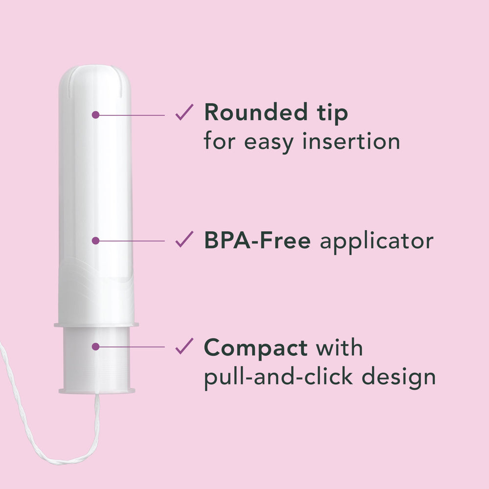 Rael tampon with organic cotton core expanding for reliable coverage.