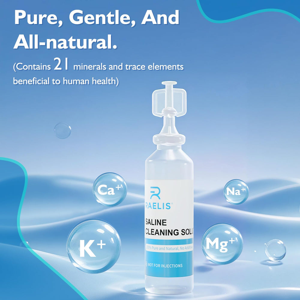 RAELIS saline solution box label with ingredients and guidance
