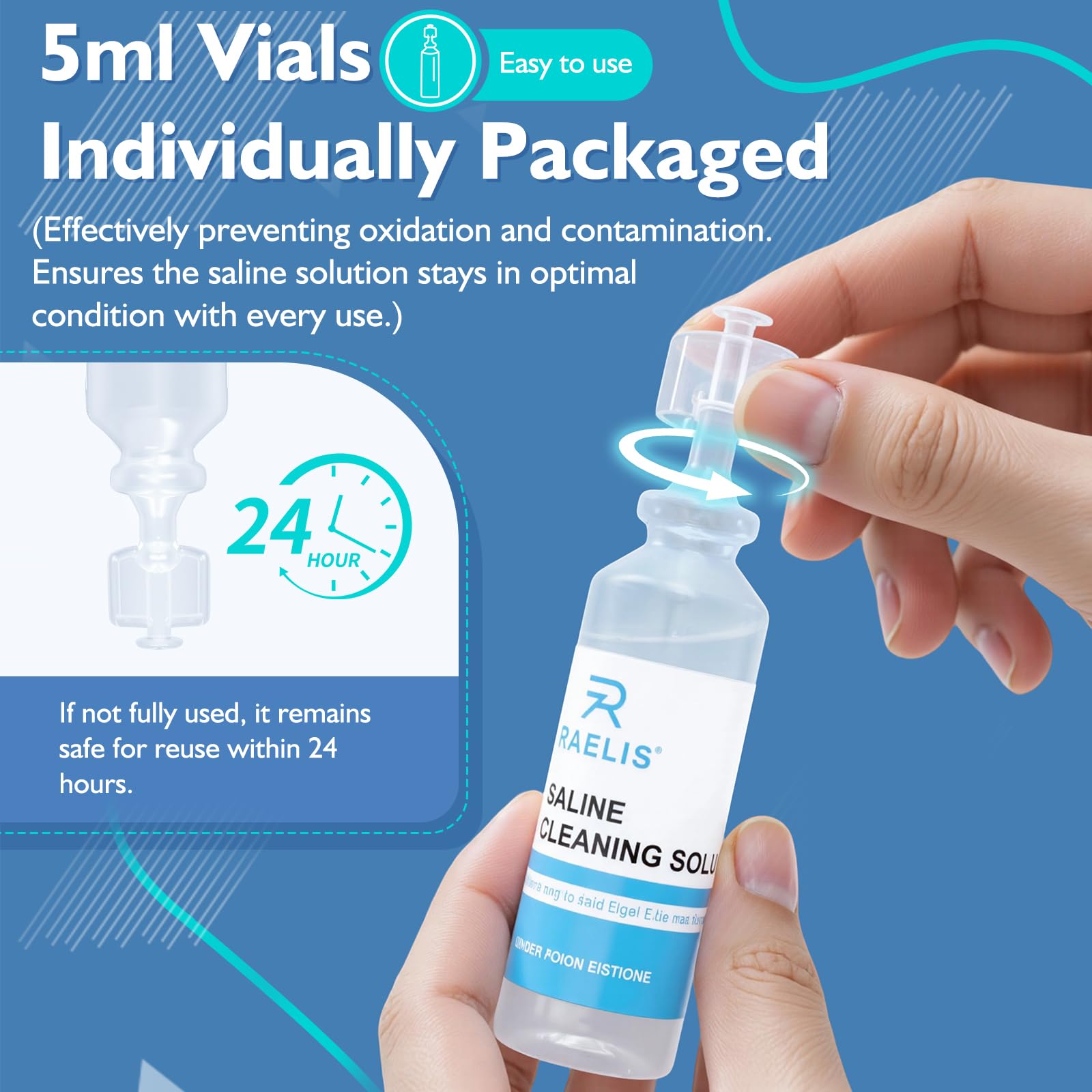 RAELIS sealed 5ml bottles, compact for on-the-go access