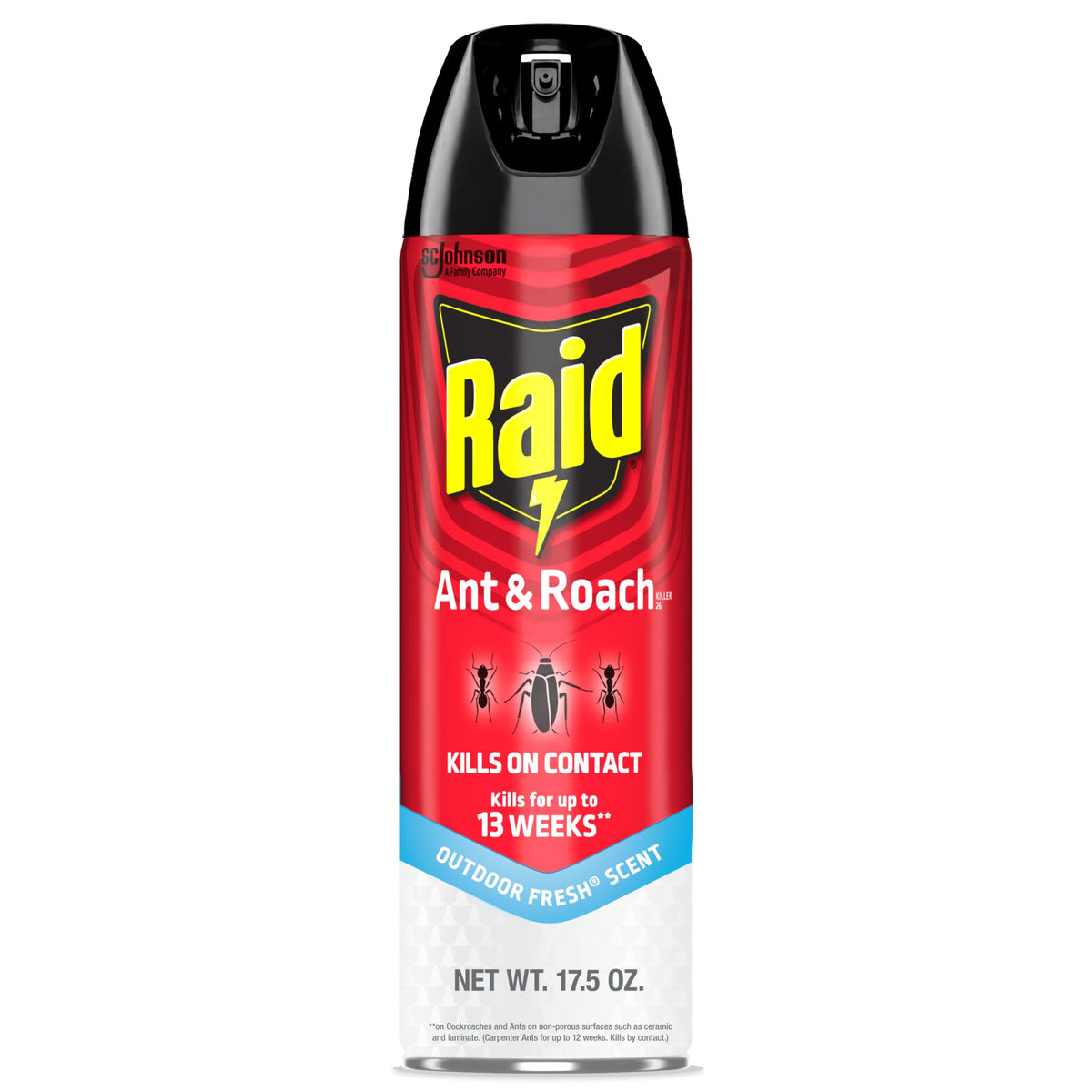Raid Ant & Roach Killer spray bottle for fast contact killing and residual protection.
