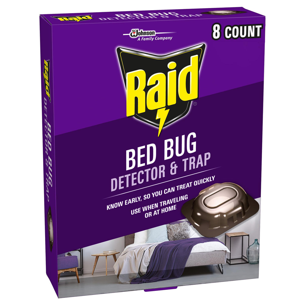 Raid bed bug detector trap main view with see-through window for early detection in bedrooms.