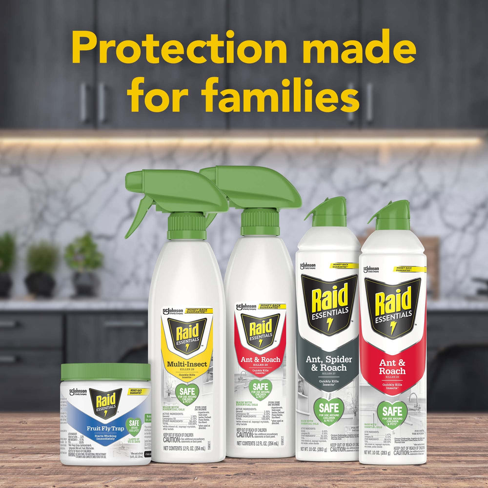 Raid Essentials Fruit Fly Trap lasts up to three weeks.