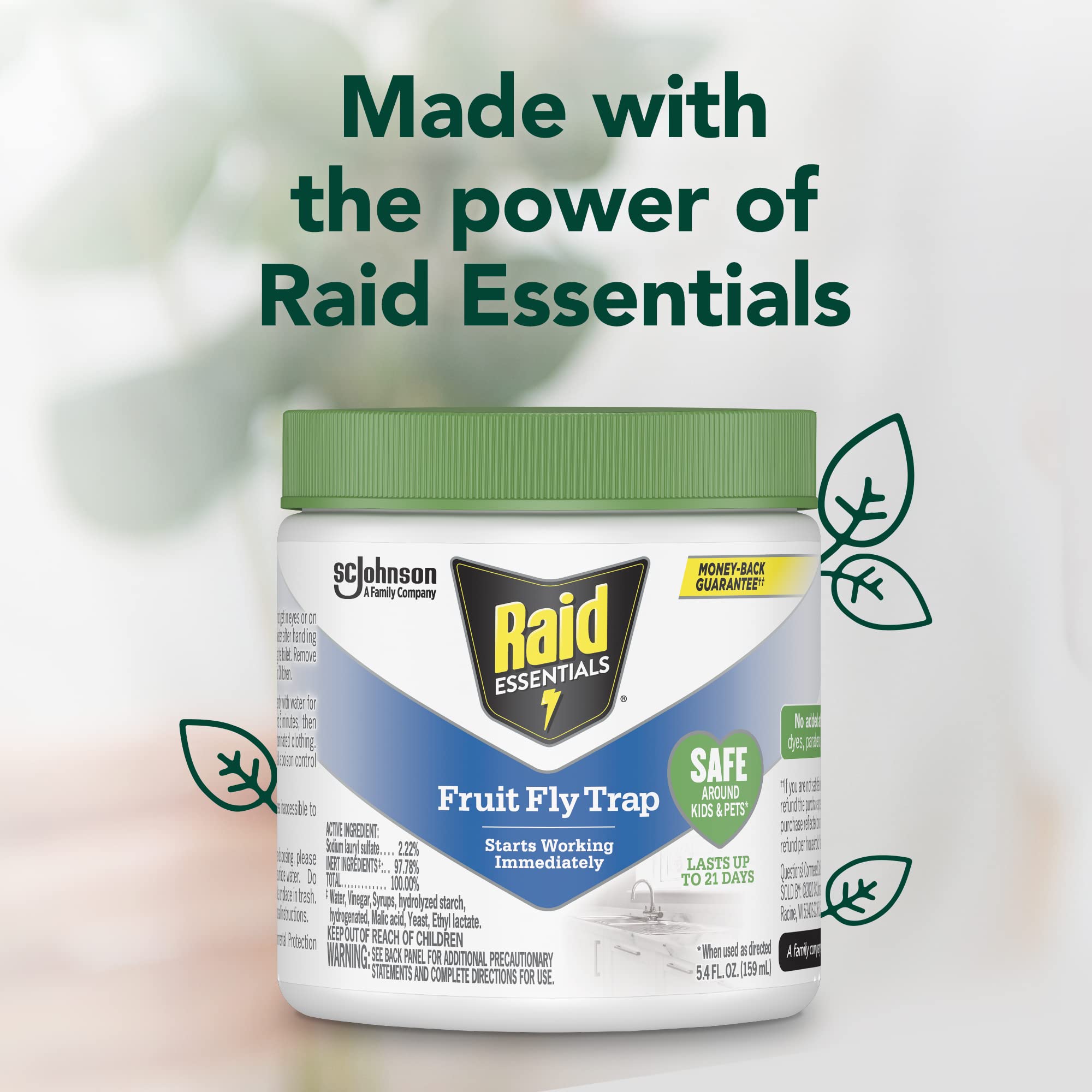 Raid Essentials Fruit Fly Trap discreet design, safe indoor solution.