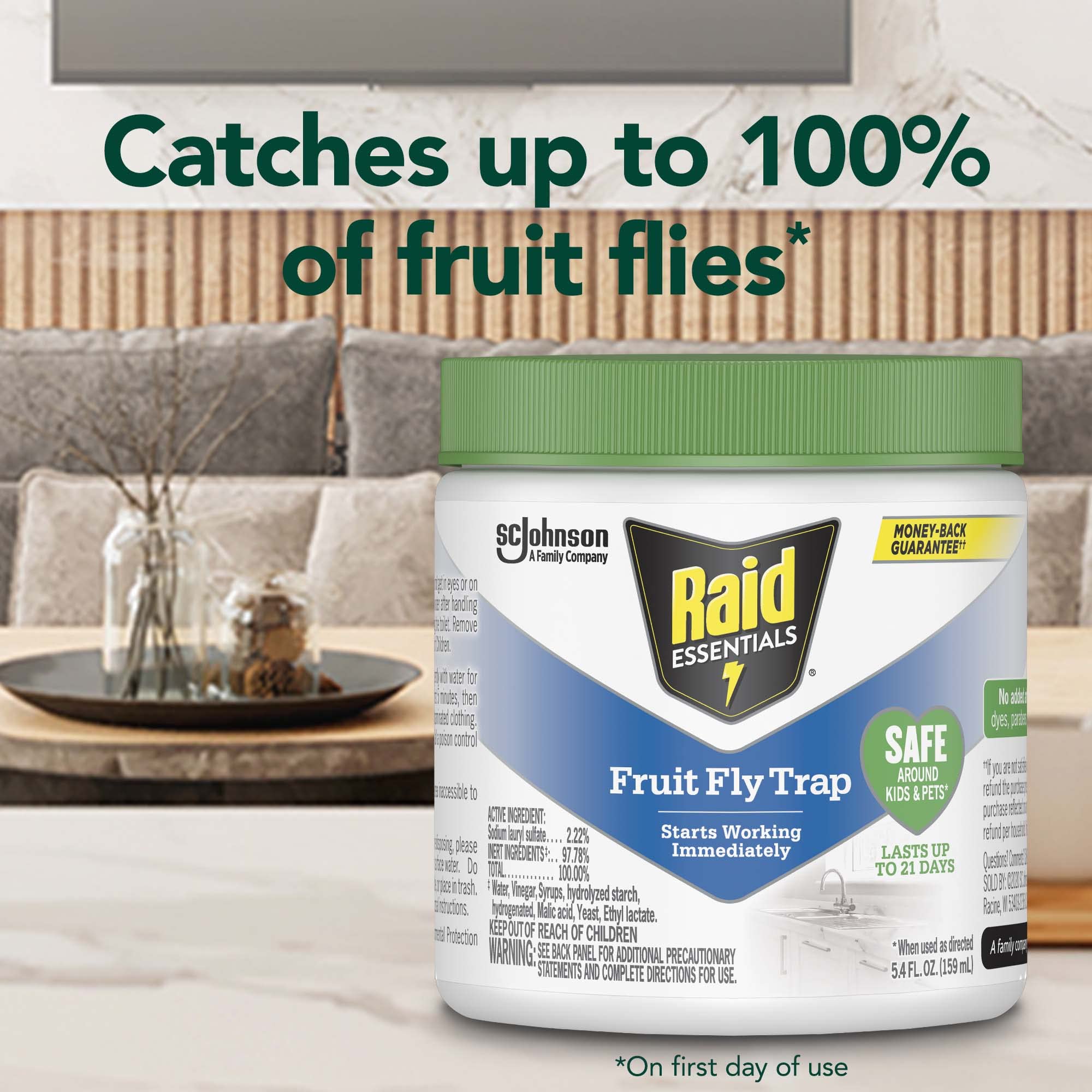 Raid Essentials Fruit Fly Trap open-cap, easy setup near fruit sources.