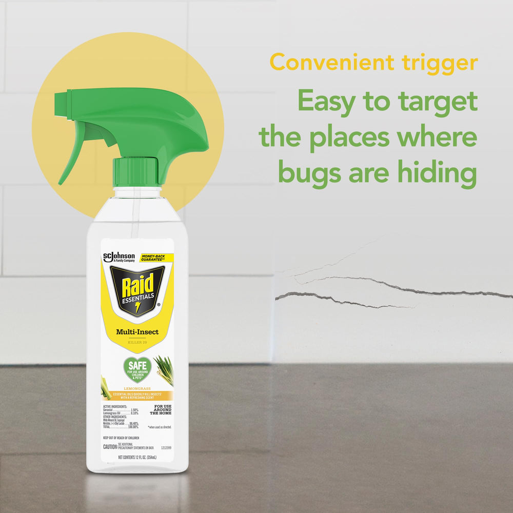 Raid Essentials lemongrass fragrance visual conveys fresh scent during use.