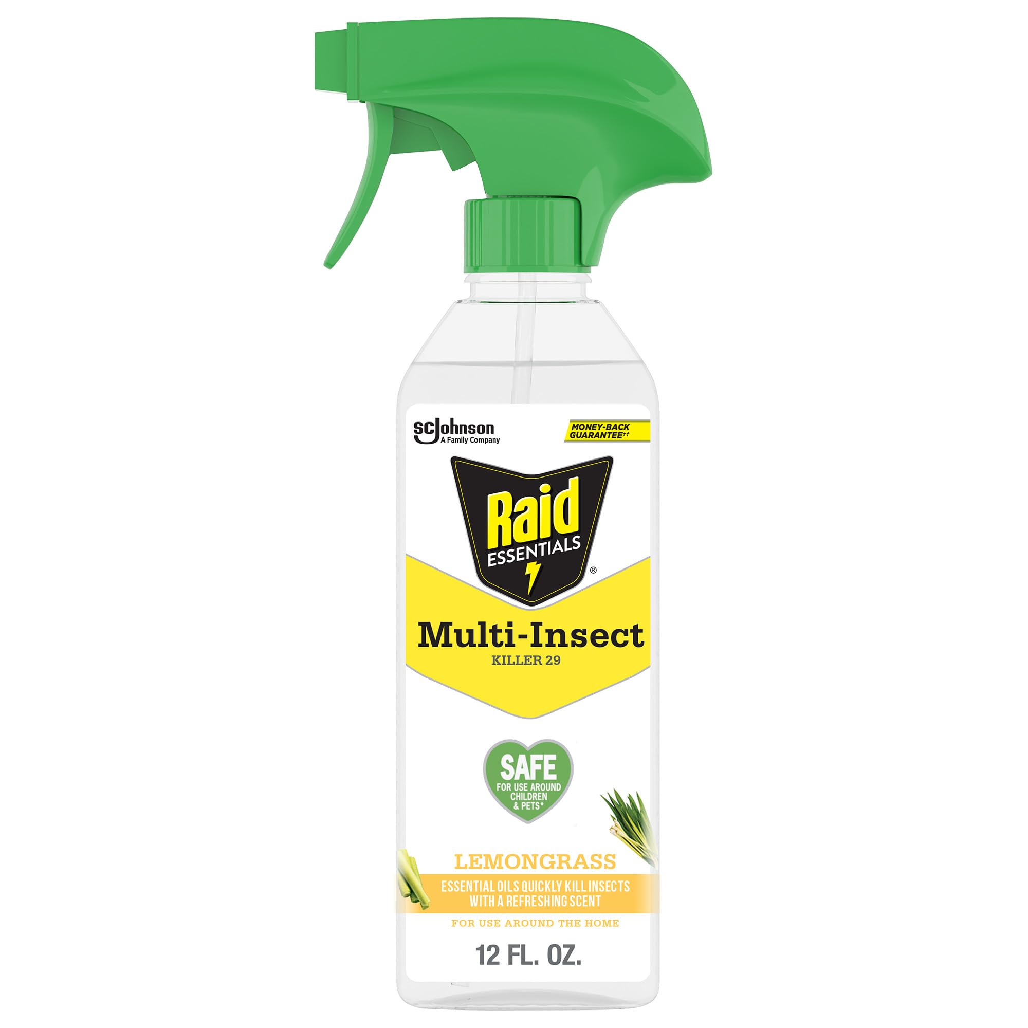 Raid Essentials multi-insect killer spray bottle shown for indoor use.