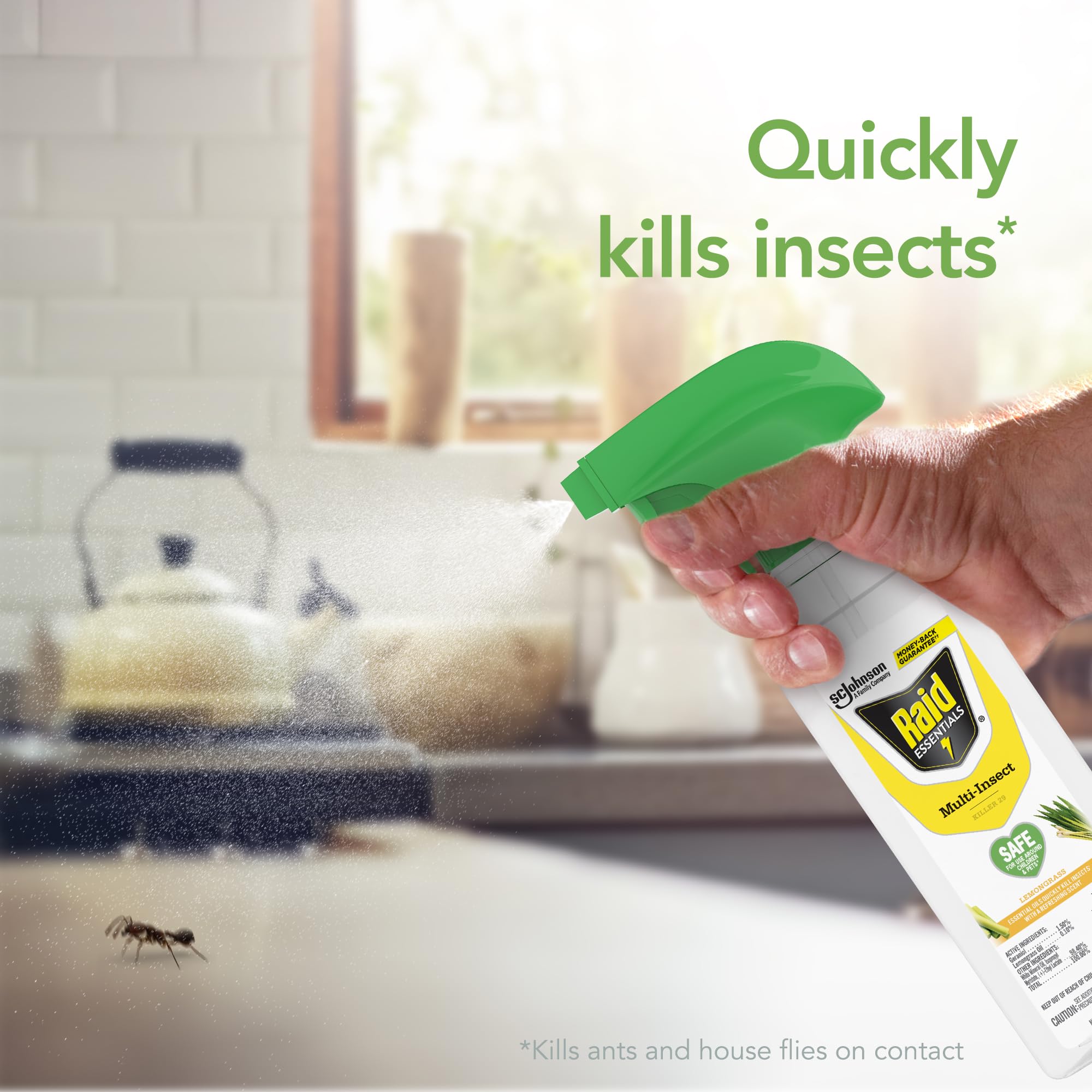 Raid Essentials spray mist demonstrates easy application for quick pest control.