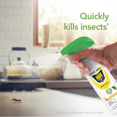 Raid Essentials spray mist demonstrates easy application for quick pest control.