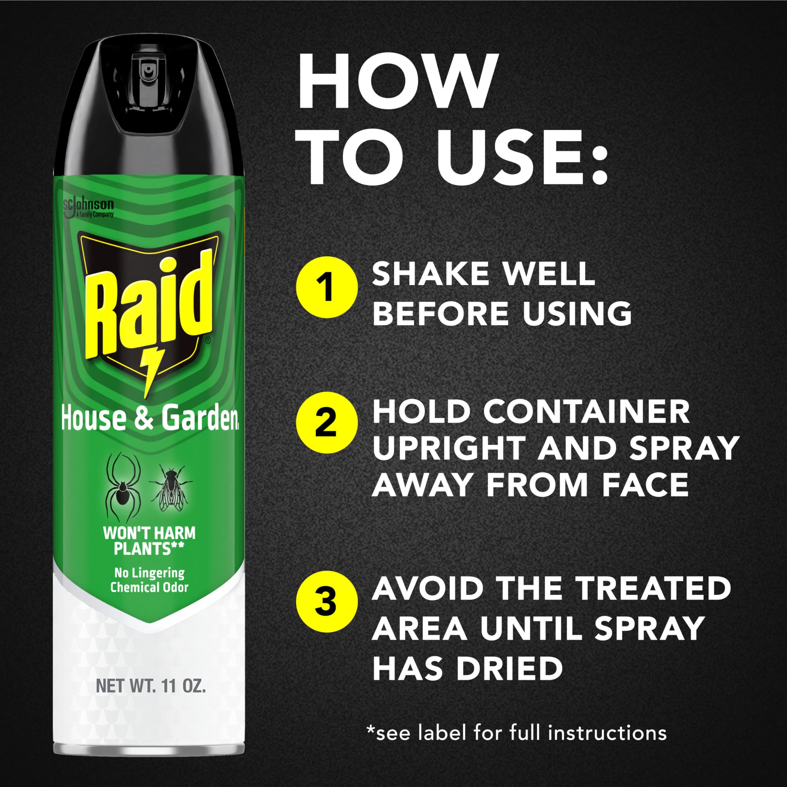 Raid House and Garden spray bottle with no lingering odor for living spaces.