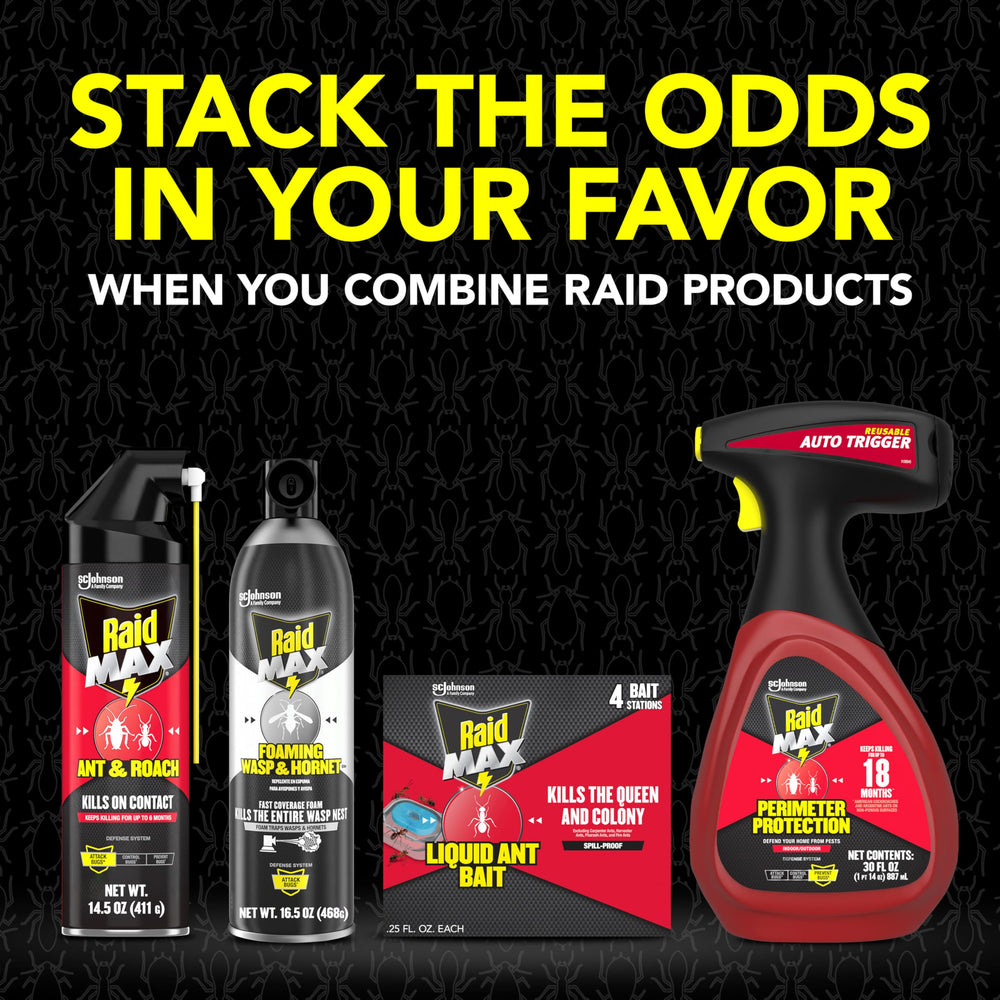 Eight Raid Max Liquid Ant Bait stations arranged for comprehensive coverage.