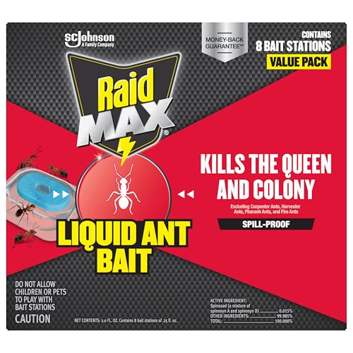 Product label and packaging for Raid Max Liquid Ant Bait shown for reference.