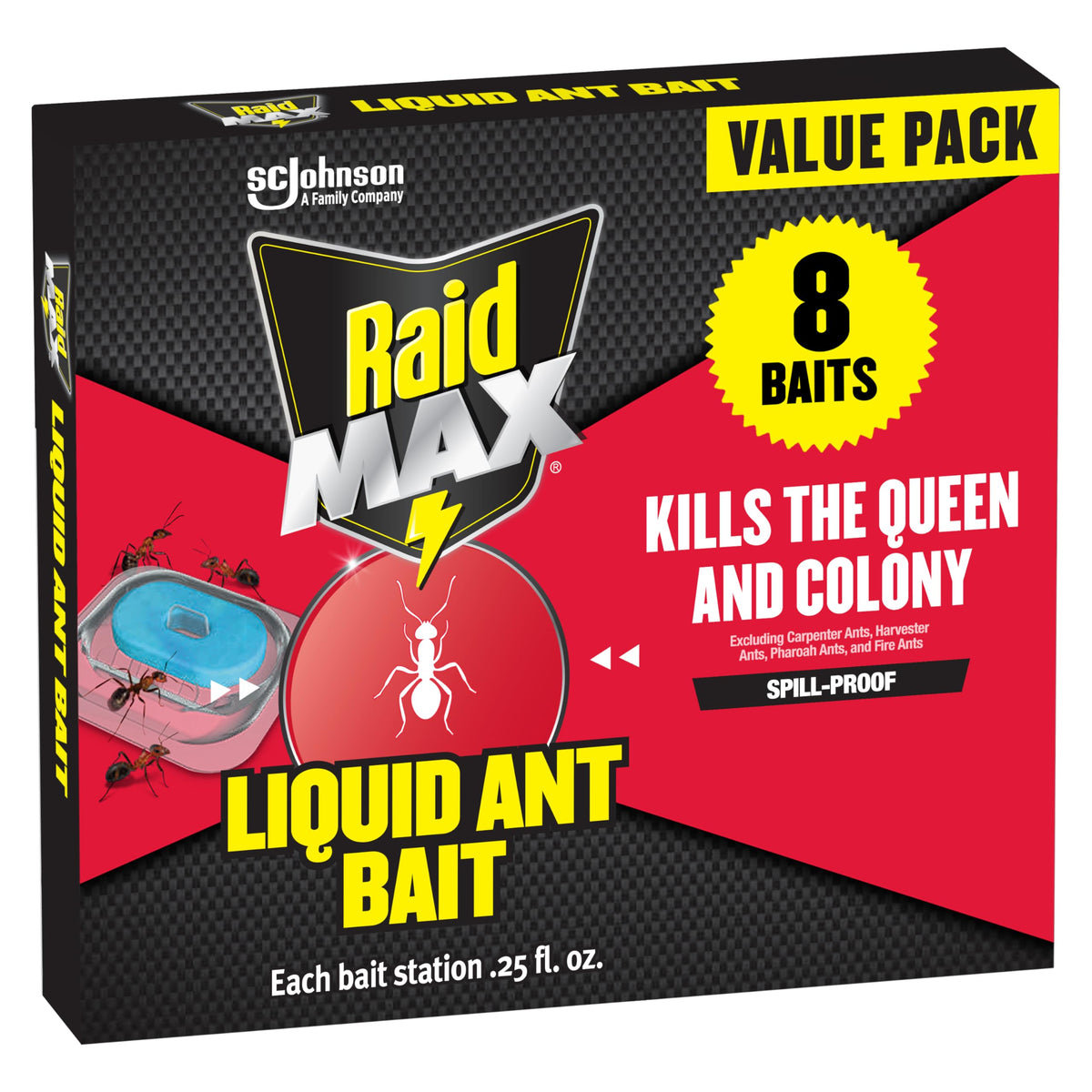 Raid Max Liquid Ant Bait pre-filled station ready to use near entry points for indoor and outdoor control.