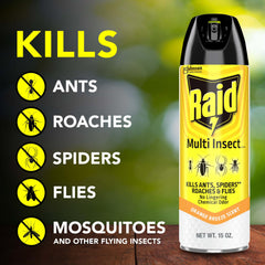 Raid Multi Insect Killer spray-action demonstrates rapid contact kill.