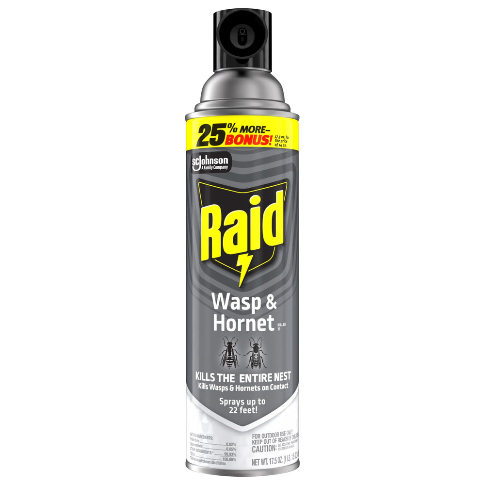 Raid Wasp & Hornet Killer bottle close-up shows ergonomic design.