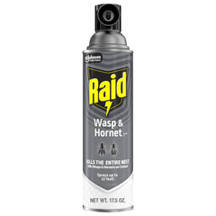 Raid Wasp & Hornet Killer Spray bottle ready for outdoor use and fast nest attack.