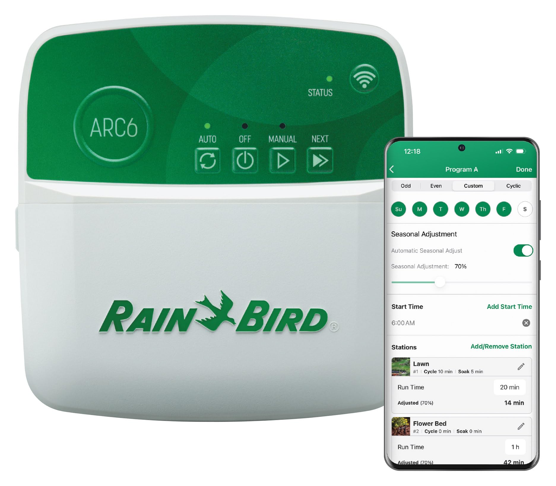 Rain Bird ARC6 control panel for indoor irrigation setup and scheduling.
