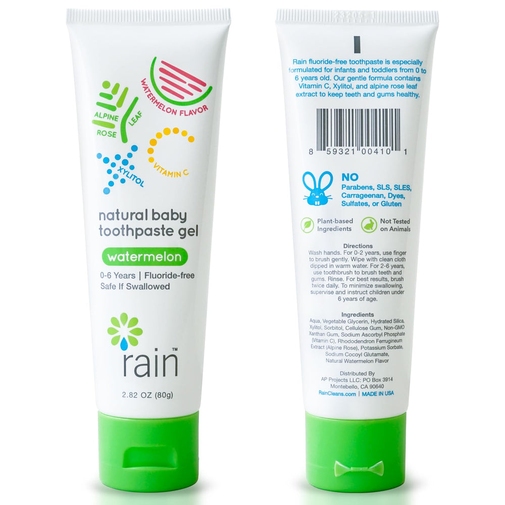 Rain packaging and brand label on shelf communicates family-friendly, fluoride-free care.