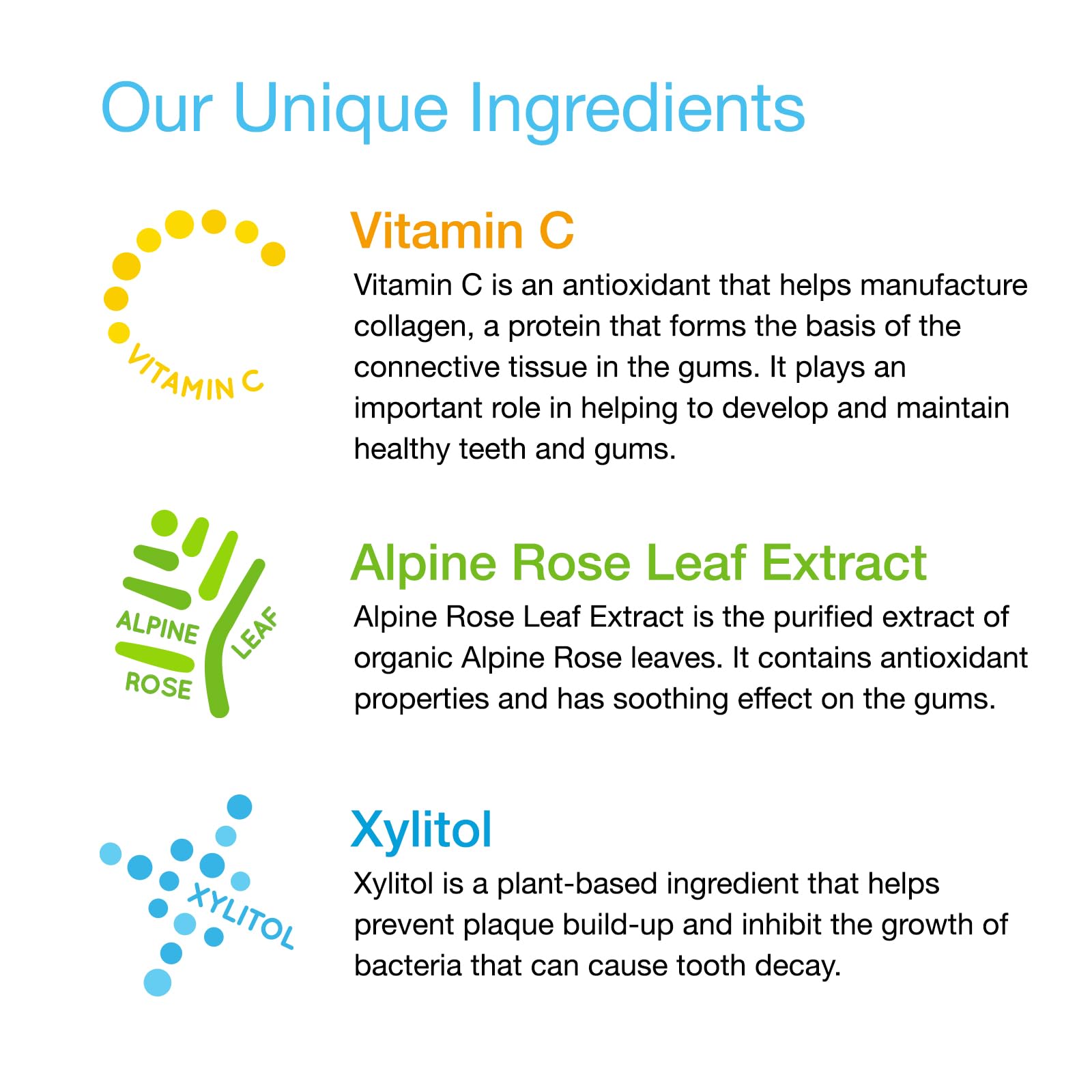 Rain ingredients Vitamin C, Xylitol, Alpine Rose — natural anti-plaque support for little teeth.