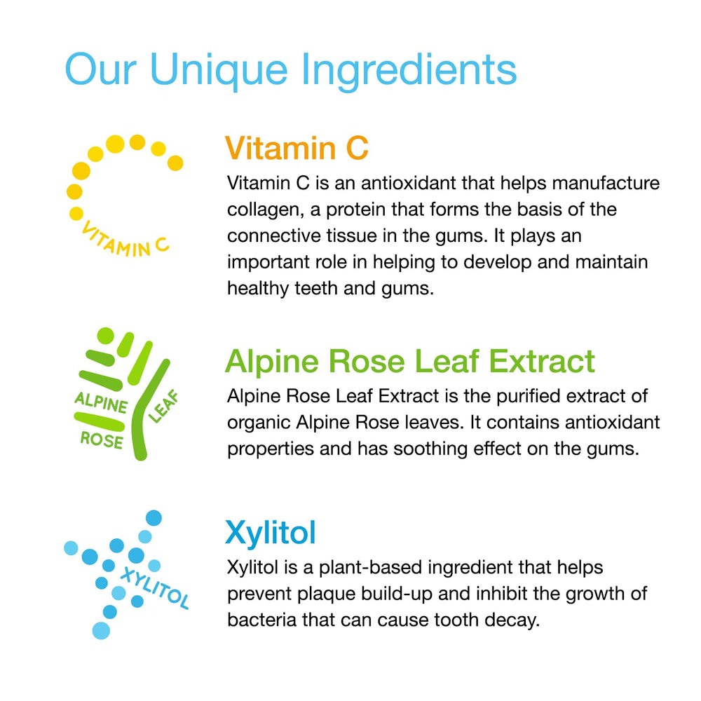Rain ingredients Vitamin C, Xylitol, Alpine Rose — natural anti-plaque support for little teeth.