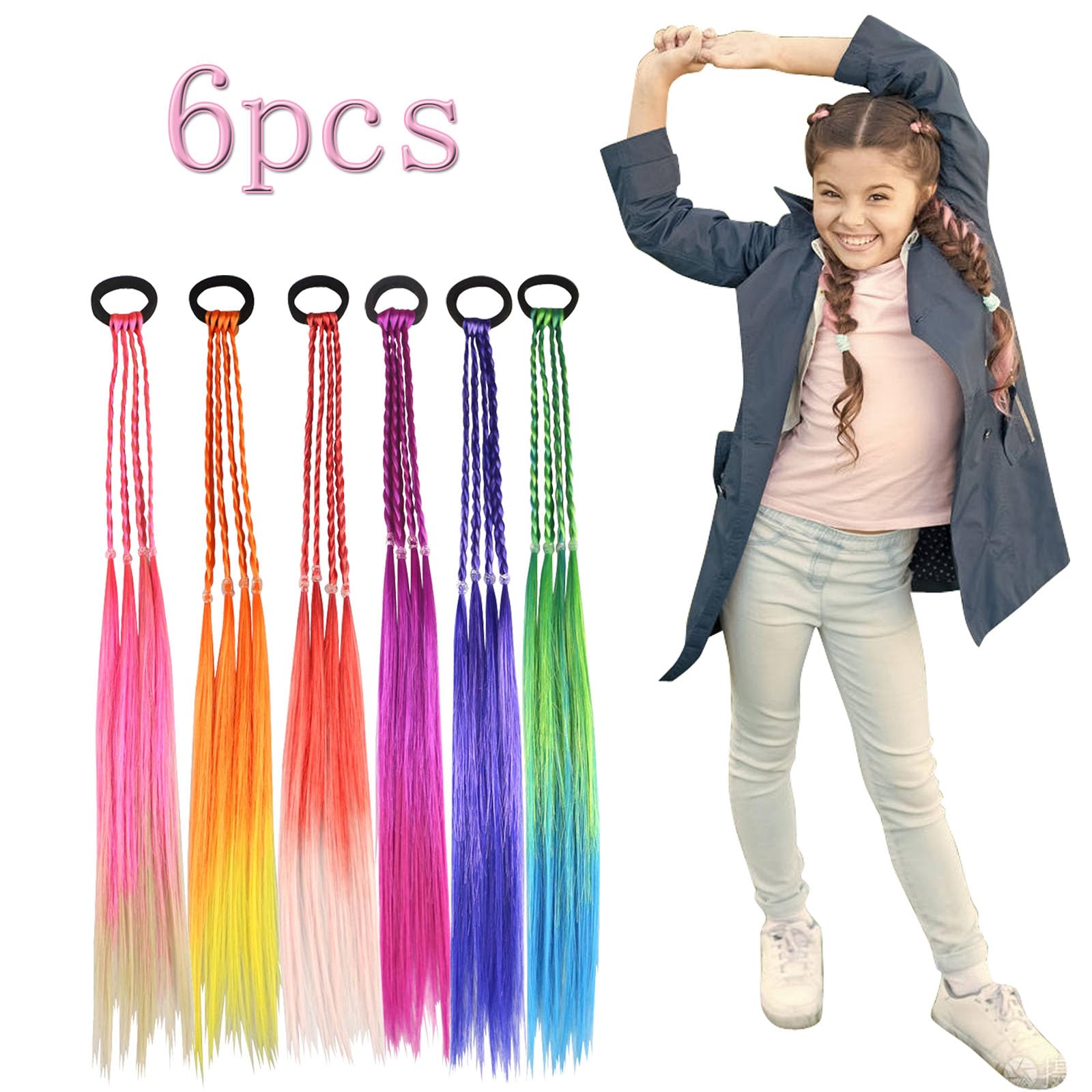 Rainbow braids with rubber bands brighten looks, quick to wear.
