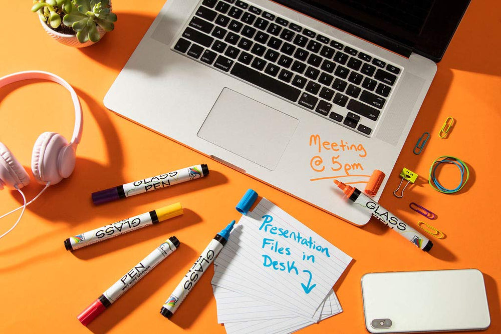 Rainbow Chalk Markers ink cleans easily from glass with a damp cloth