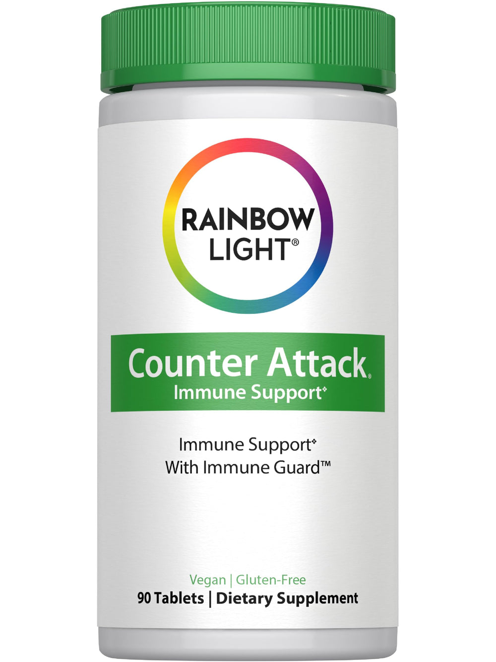 Rainbow Light Counter Attack bottle front with 90 vegan tablets for daily immune support.