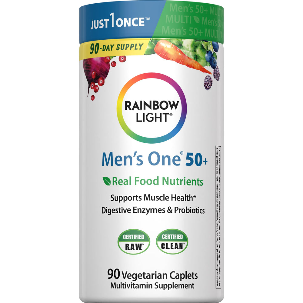 Rainbow Light Men's 50+ bottle close-up showing daily nutrition support