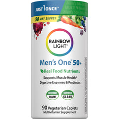 Rainbow Light Men's 50+ bottle close-up showing daily nutrition support