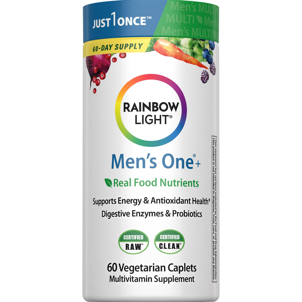 Rainbow Light Mens Multivitamin One + bottle front with caplets for daily energy support