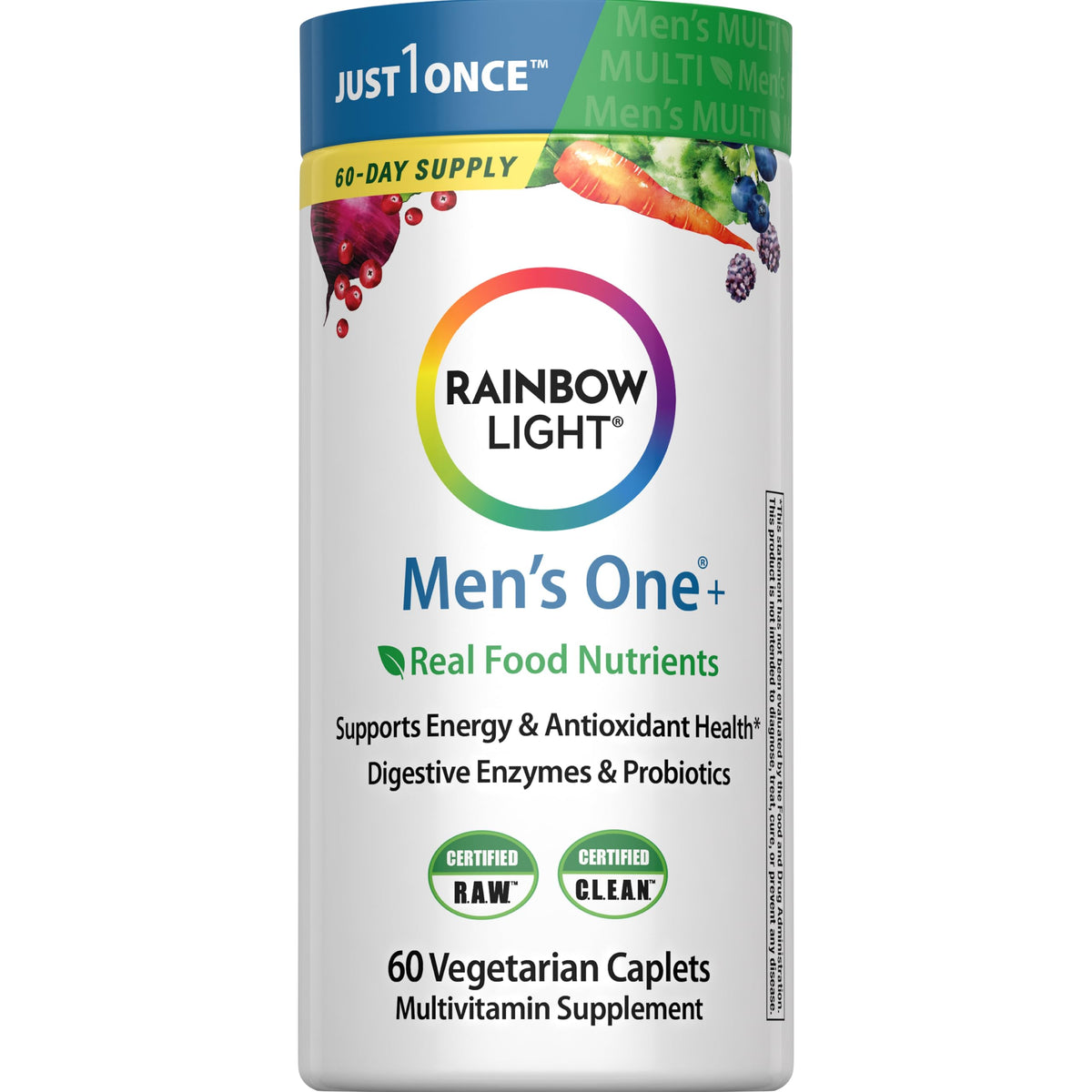 Rainbow Light Mens Multivitamin One + bottle front with caplets for daily energy support