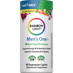 Rainbow Light Mens Multivitamin One + bottle front with caplets for daily energy support