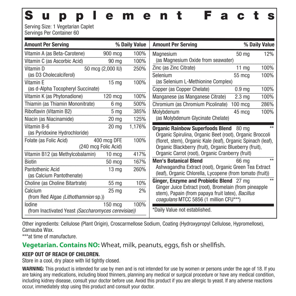 Close-up of Rainbow Light Mens Multivitamin One + caplets on a white background