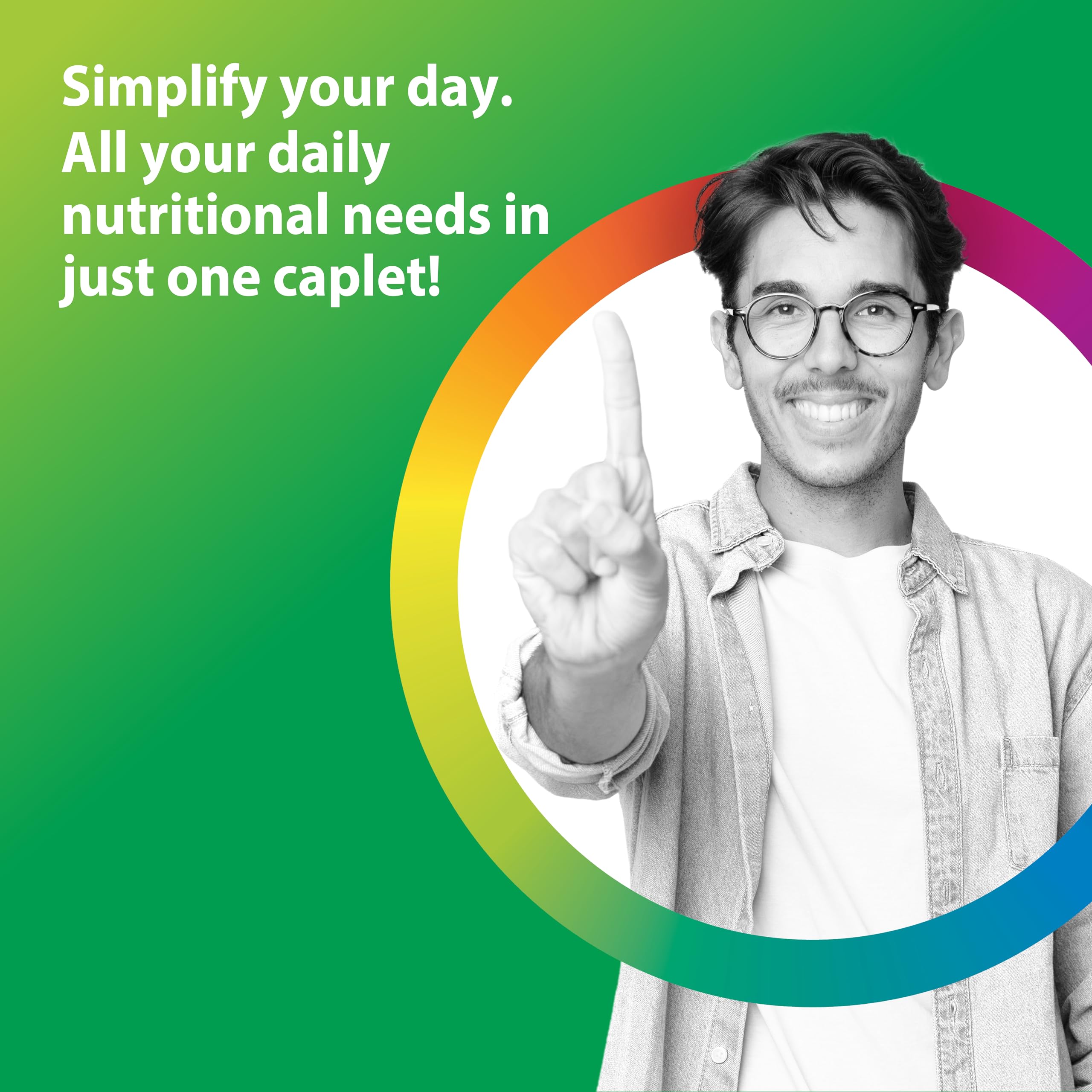 Rainbow Light Mens Multivitamin One Plus caplets out of pack ready to take.