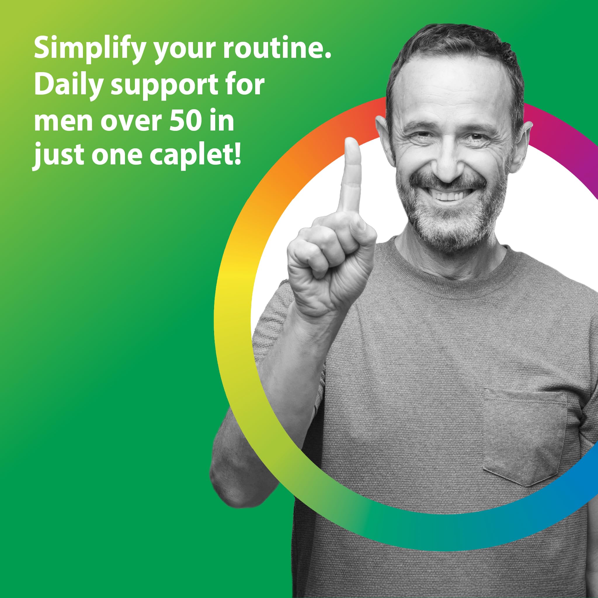 Rainbow Light Men's One 50+ superfoods blend illustration showing real-food nutrients.