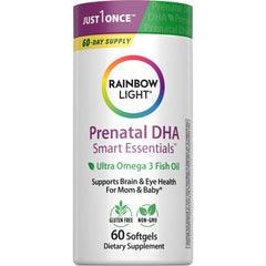 Rainbow Light Prenatal DHA bottle with softgels supports mom's daily omega-3 intake