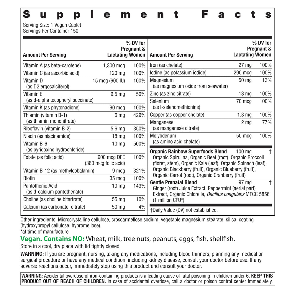 Rainbow Light Prenatal One caplet closeup highlighting iron and folate benefits