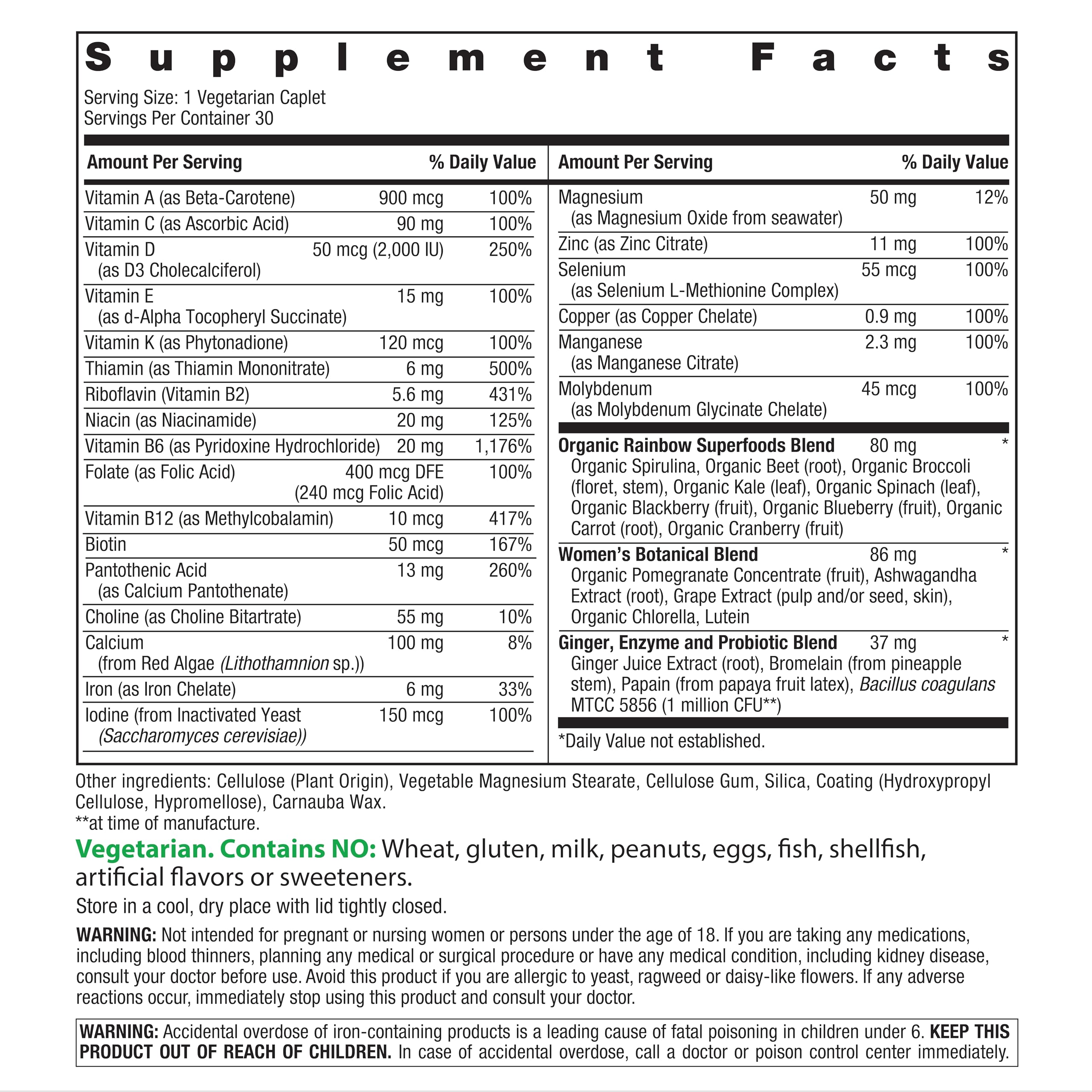 Rainbow Light Women's Multivitamin One+ bottle label highlights Real Food nutrients