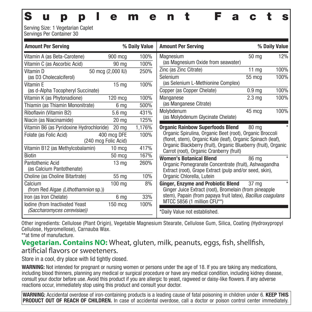Rainbow Light Women's Multivitamin One+ bottle label highlights Real Food nutrients