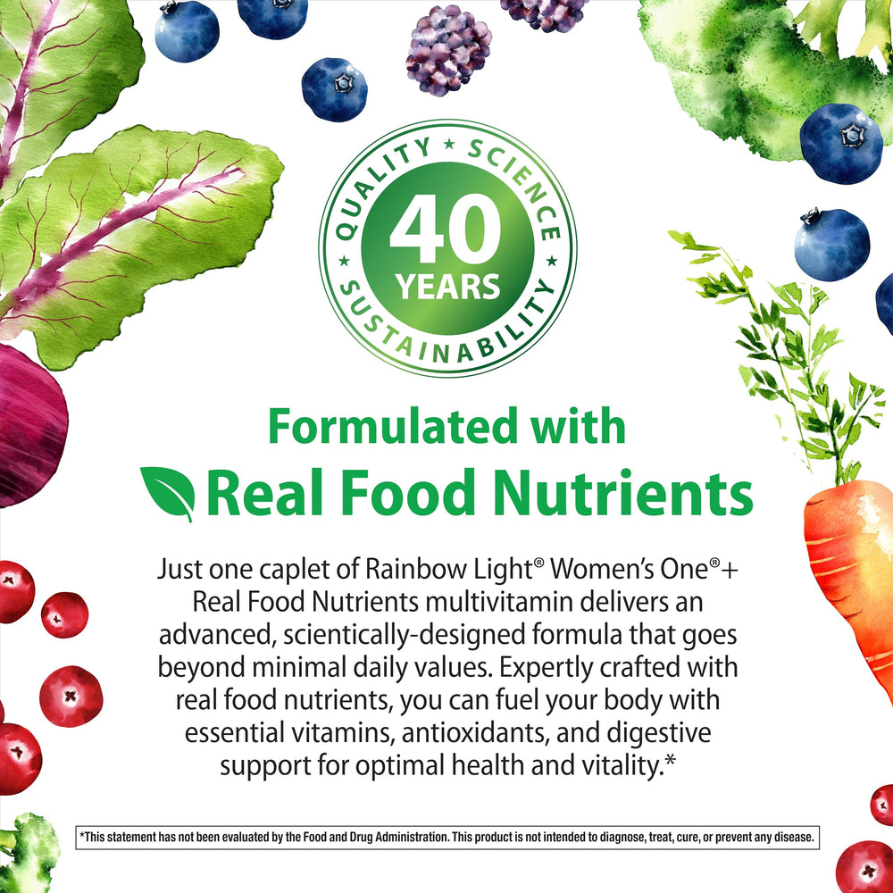 Rainbow Light Womens Multivitamin One + bottle with dosing guidelines supports consistent intake