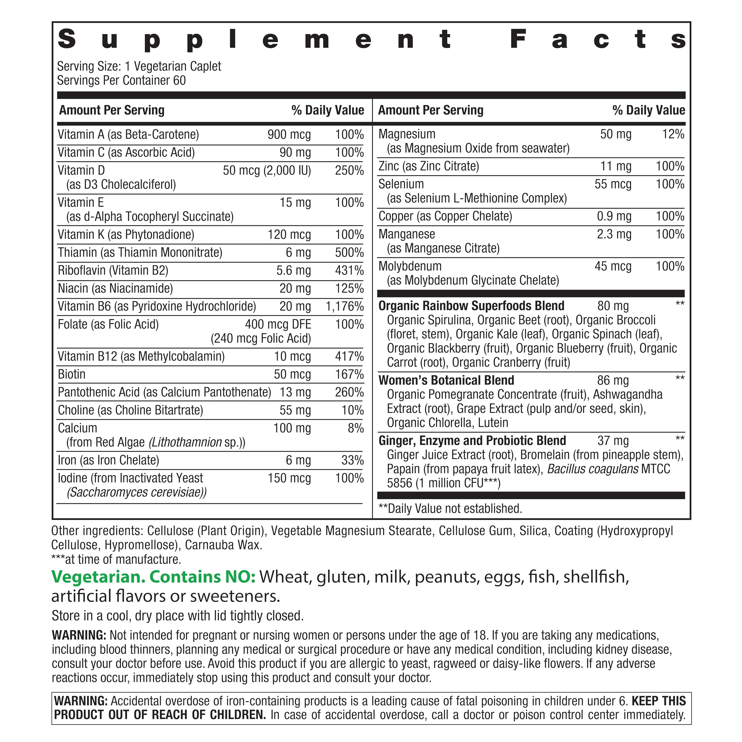 Rainbow Light Womens Multivitamin One + label highlights real food nutrients and probiotic blend