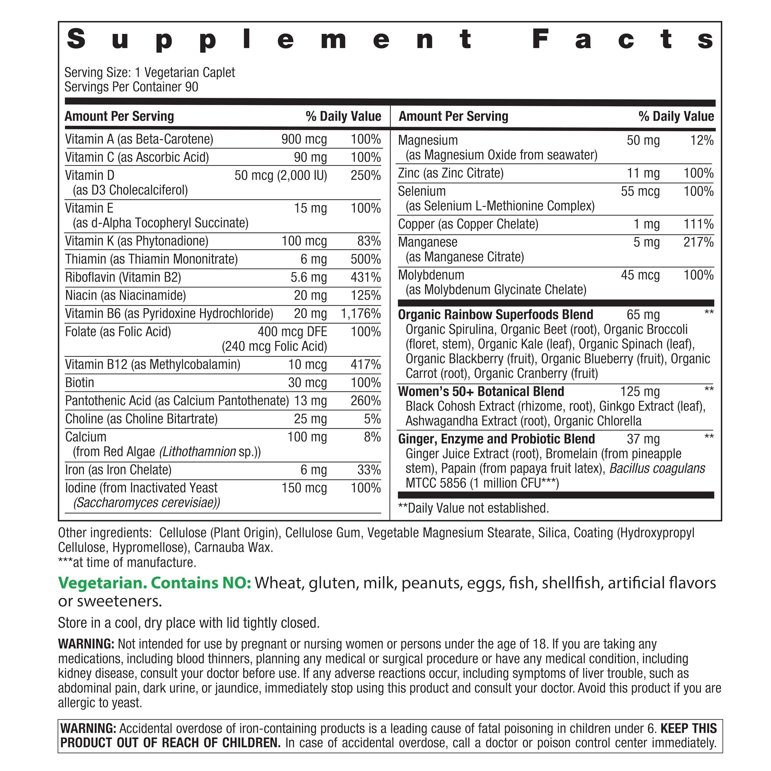 Rainbow Light Women's One 50+ tablets close-up highlighting nutrients